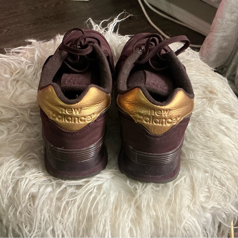 New Balance Maroon and Metallic Gold Sneakers